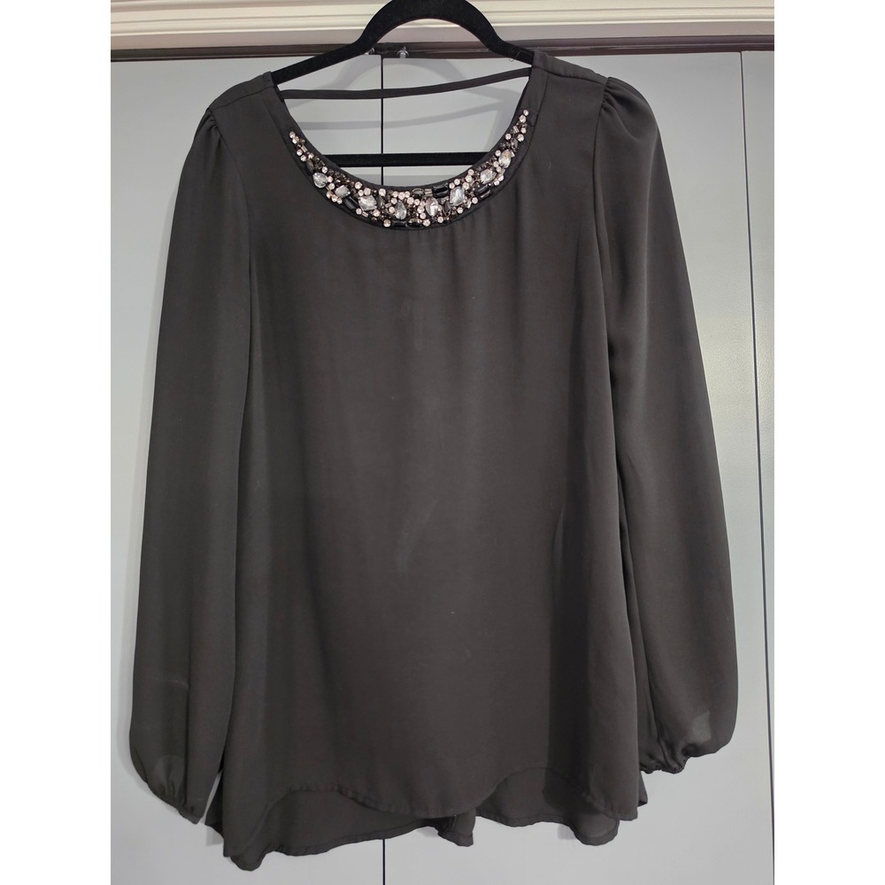 NWOT Studio Y Blouse Medium Black Jewel Neck Strappy Back Long Sleeve Top